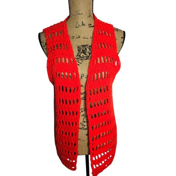 Vintage 1960s 1970s Red Crochet Knit Sweater Vest Hippie Mod - Picture 1 of 8